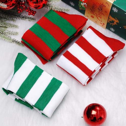 Dxhycc 3 Pairs Christmas Striped Knee High Socks Elf Candy Long Xmas Socks for Girls Boys Christmas Party4