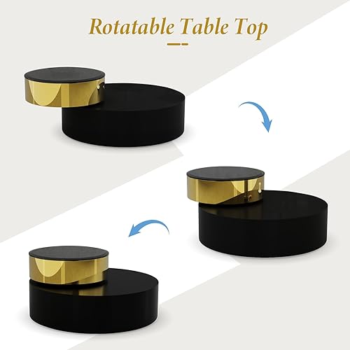 Miniatura 9 de Mesa de centro redonda giratoria de 41 pulgadas con mesa giratoria de 360° y diseño de 2 niveles, decoración de metal negro mate y dorado, mesa Mate