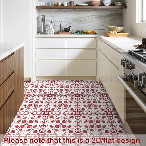 Image of Nuxovilar Peel and Stick Vinyl Floor Tiles, 11.8 inchx11.8 inch | Red Leaf Floral Pattern, 10-Pack Self-Adhesive Flooring