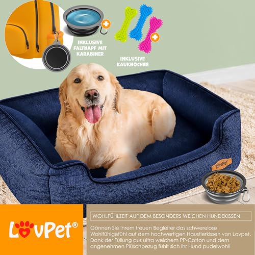 Lovpet® Hundebett Hundekissen Hundekorb Chiller, Inkl. Napf + 3X Kauknochen, Hundesofa Kissen für Kleine, Mittelgroße & Große Hunde, Bezug abnehmbar und waschbar, XL 110 x 75 x 27 cm Navyblau