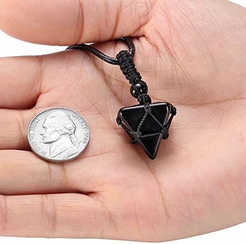 JSDDE Mens Crystal Stone Necklace Healing Gemstone Adjustable Rope Braided Black Obsidian Pyramid Pendant Necklace Christmas Gift