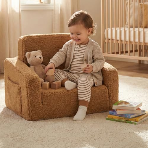 Image of Toddler Baby Chair Couch Sofa Kids Foldable 2-in-1 Sherpa Fold Out Couch Toddler Chairs Comfy for Boys & Girls Convertible Kids Furniture lounge chair for Playroom with Double Pockets, Dark Camel