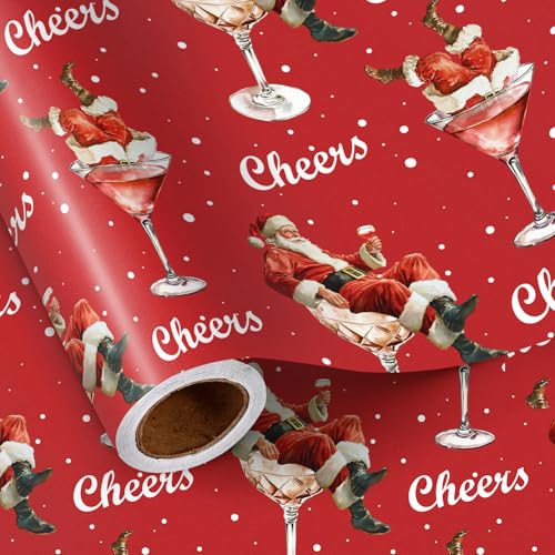 LeZakaa Sassy Santa Wrapping Paper Roll, Santa in Martini Glass Cheers Funny Design in Red Holiday Gift Wrap for Christmas, 17 Inches x 16.4 Feet Mini Roll