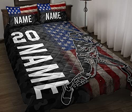 OhaPrints Custom Baseball USA Flag for Son Boy Men Personalized Name Number Quilt Blanket & Pillowcases, Quilts Bedding Set & Pillow Cover, King Queen Double Twin Throw Full Size Bedspread Bed Sets