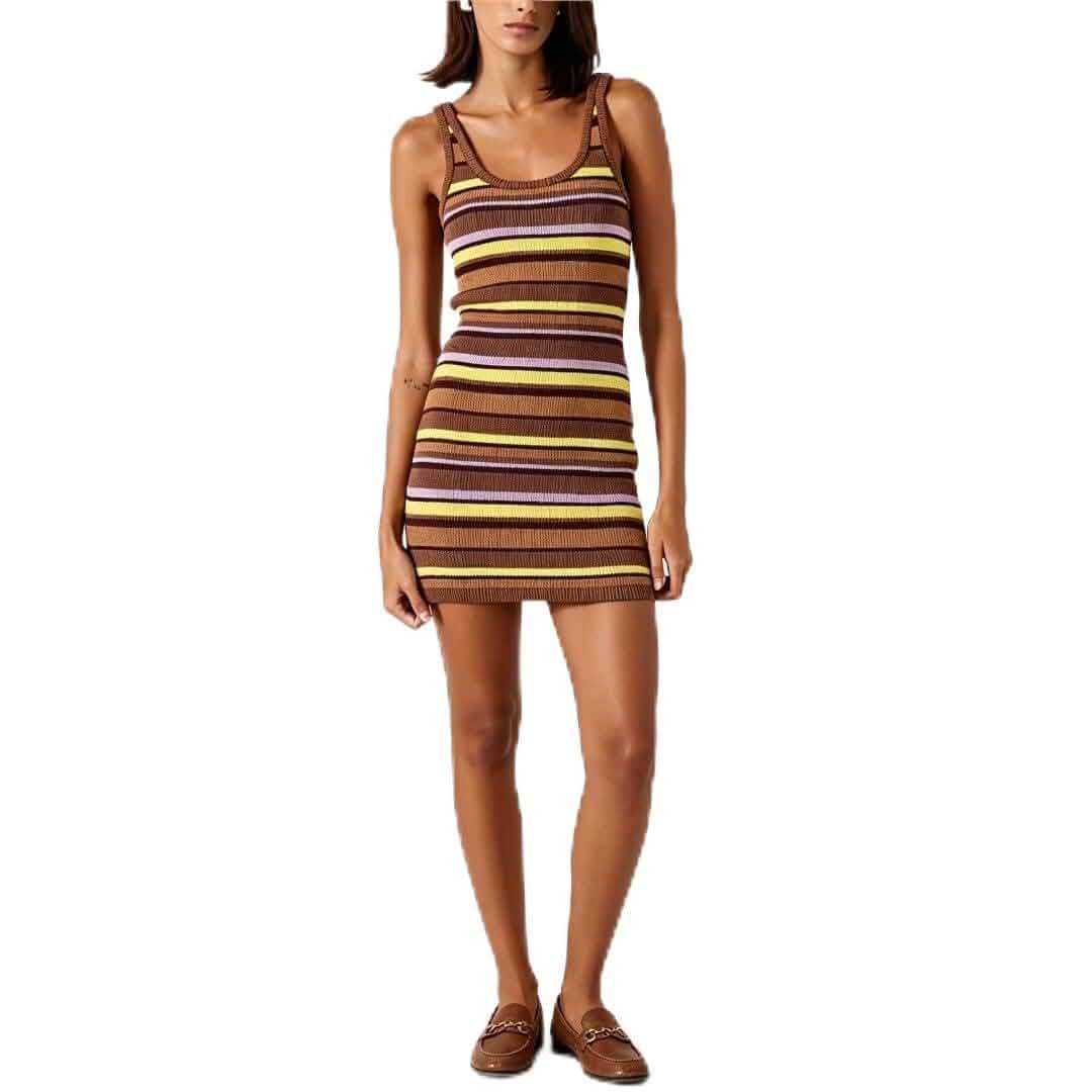 Women's Vintage Knitted Striped Skinny Mini Sleeveless Spaghetti Strap Bodycon Dress sleeveless