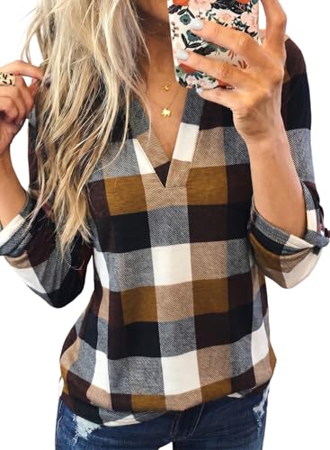 Image of Dokotoo Womens Tops Plaid Cotton Cuffed 3 /4 Sleeve Shirts Blouses