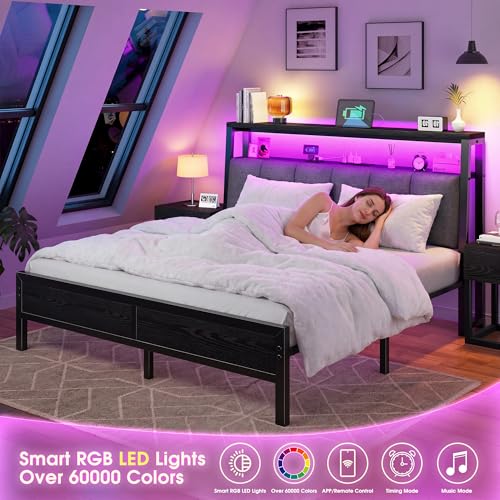 Image of Homkdom Full Bed Frame,Upholstered Storage Headboard,Charging Station,Black | LED Linghts, 12 inch Under-Bed Storage,2AC Outlets&1USB-C&1USB-A,Noise-Free,Quick Assembly,Supports up to 900 lbs