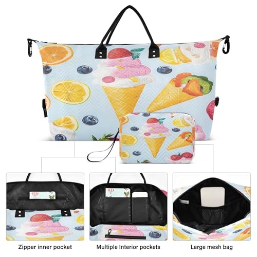 ​​Large Foldable Travel Duffel Bag, Waterproof Gym Bag for Men & Women, Carry-On Luggage Weekender Overnight Bag, Fruit Ice Cream2