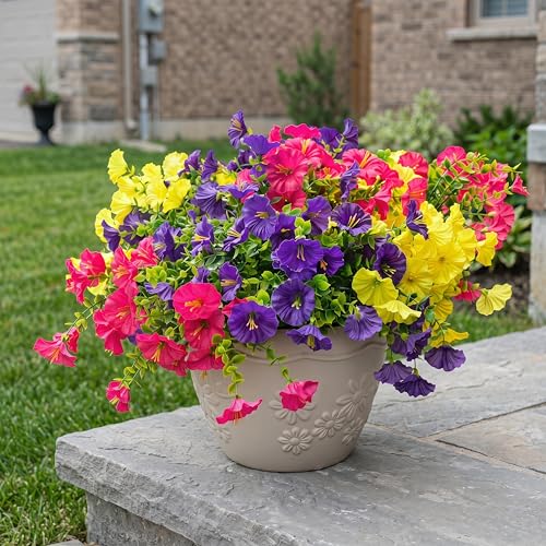 Image of Artificial Flowers for Outdoors, UV Resistant Fake Silk Morning Glory, Realistic Faux Plants for Outside Porch Patio Window Box Hanging Planter (12, Purple Yellow Hotpink)