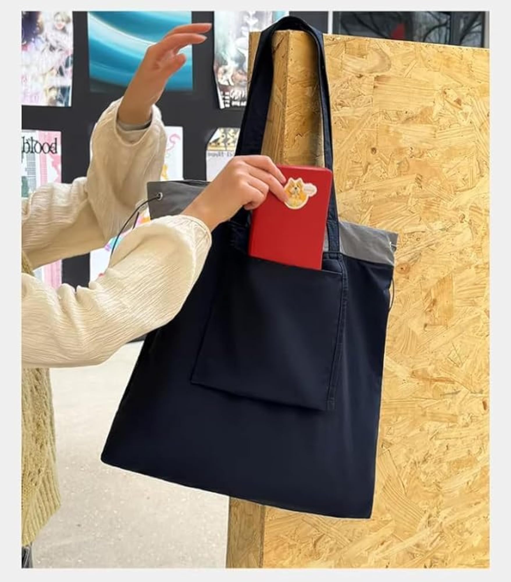 Women's Navy Blue Nylon Drawstring Tote Bag, Lightweight