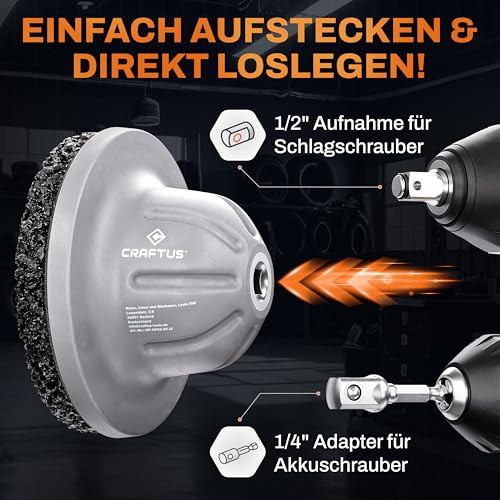 CRAFTUS® Radnabenschleifer Auto mit Adapter für Akkuschrauber | Nabenreiniger Auto für Schlagschrauber inkl. Schleifscheibe Ø150mm | Nabenschleifer für schnelle Reinigung der Radnabe