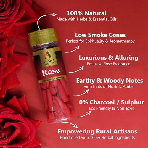 Image of The Aroma Factory Incense Dhoop Cone for Pooja, Rose (100% Herbal & 0% Charcoal) 2 Bottles x 30 Cones