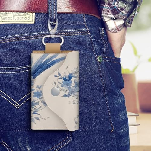 Blue And White Bird Vintage Key Holder Bag PU Leather ID Card Holder Keychains Case Cover for Men Women4