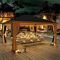 YOLENY 12'x16' Hardtop Gazebo Wood Grain Aluminum Frame Outdoor Gazebo with Galvanized Steel Single Roof, Curtains and Nettings for Backyard, Patio and Garden