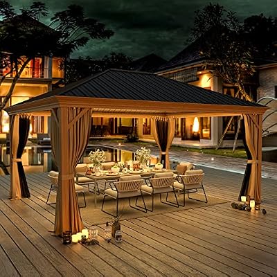 YOLENY 12'x16' Hardtop Gazebo Wood Grain Aluminum Frame Outdoor Gazebo with Galvanized Steel Single Roof, Curtains and Nettings for Backyard, Patio and Garden