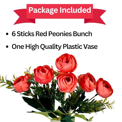 Image of Dekorly Faux Silk, Plastic Artificial Peony Flowers Bunch | White Vase with Flowers Bunch | Artificial Plants for Home Office Hotel Decor | Bedroom Living Room Bathroom Decor (Peach, Height : 30CM)