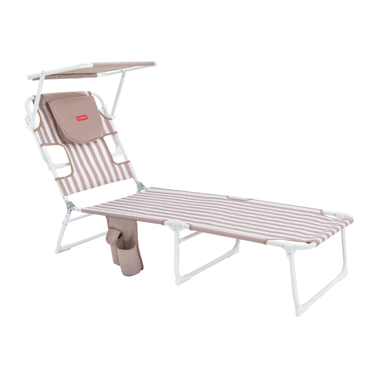 Flamingueo Chaise de Plage - Transat Pliable - 5 Positions - Parasol Réglable UPF 50+ - Trou pour la Tête et Bras - Oreiller Ergonomique - Aluminium et Polyester - Beige