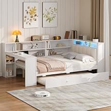 SOFTSEA Full Size Daybed with Trundle & Upholstered Headboard, Full Corner Bed with Desk, Bookcase & USB Ports, Wooden L-Shaped Daybed for Kids Teens Adults, White