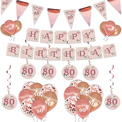 80th Birthday Decorations 20Pcs, Rose Gold Party, Pink & Floral Balloons, Flag Bunting, Floral Banner & Hanging Decorations for Girls and Women
