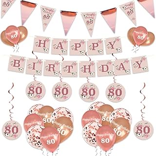 80th Birthday Decorations 20Pcs, Rose Gold Party, Pink & Floral Balloons, Flag Bunting, Floral Banner & Hanging Decorations for Girls and Women