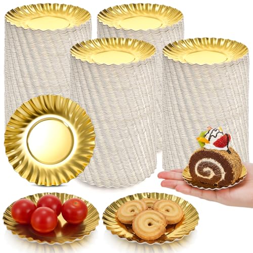 YIMITEE 200 Pack Mini Dessert Plates 3.6 Inch Paper Gold Cupcake Plate Small Disposable Baking Dessert Dish Mousse Cupcake Cardboard Base for Appetizer Wedding Christmas Birthday Party Supplies