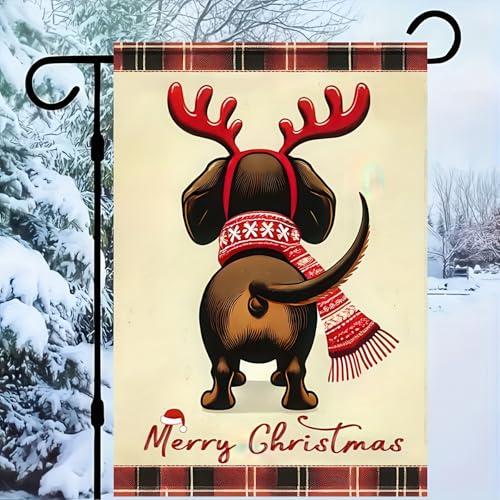 Image of BlissYard Dachshund Christmas Garden Flag 12x18 Inch Double Sided Merry Christmas Dog Garden Banner Holiday Yard Decoration Winter Xmas Decor for Porch Lawn Patio