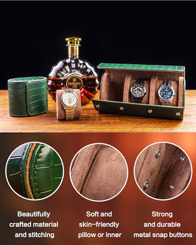 Image of MR.OKAY 3 Watch Travel Case-Classic Leather Watch Case With Superb Texture. (Portable Watch Roll Or Organizer For Storage And Display).Festival Gift For Men, All Handcrafted By Artisans.