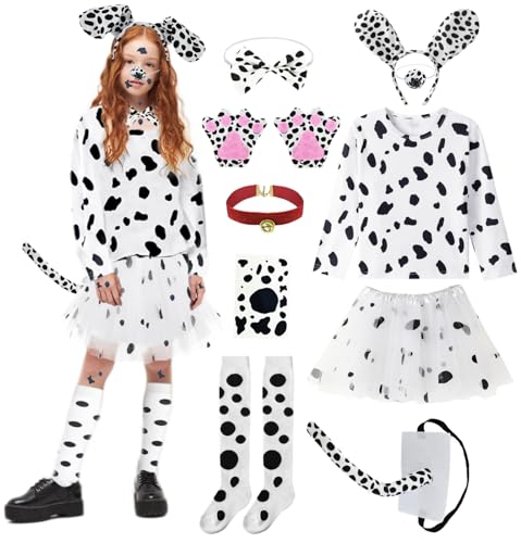 10pcs Dalmatian Costume Kids Girls 101 Days of School Costume 101 Dalmatians Costume Kids Long Sleeve T-shirt with Tutu Dress Knee Socks Tail Paw Gloves Headband Collar Nose DY025M