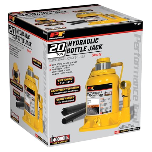Image of Performance Tool W1644 20 Ton Heavy Duty Shorty Hydraulic Bottle Jack | 40,000 lbs car and truck automotive pump jack. Lift range 7-1 /4 to 13-3 /4 in. Oversize cast iron base. Adjustable top