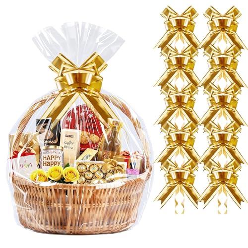 Image of PigPotParty Cellophane Bags for Gift Baskets, 24x30 in, 10 Pack, Gold Bows | Thick clear OPP holds shape; seamless bottom resists tears; easy-to-use large pull bows save time and add a polished finish