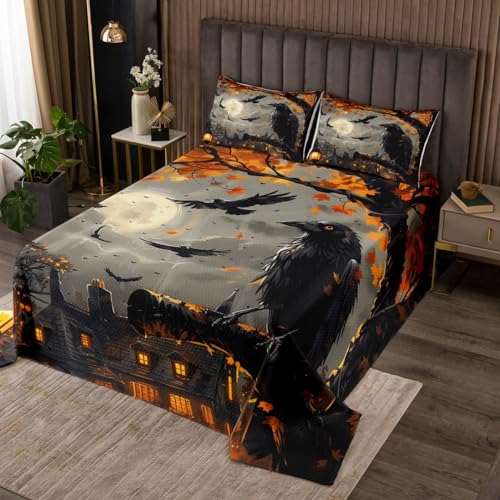 Manfei Happy Halloween Kids Bedspread Queen Size,Black Crow Bats Moonlight Rustic Coverlet Set,Girls Boys Women Room Decor,Farmhouse Cabin Quilted Coverlet,Country Retro Bedding Quilt,2 Pillowcases by Manfei - Used condition - US$47.36