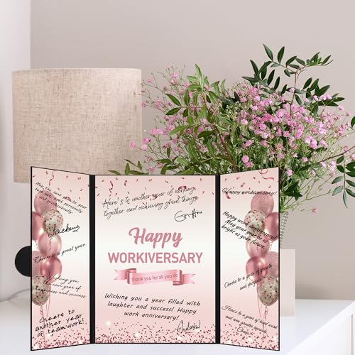 Image of DARUNAXY Rose Gold Happy Workiversary Party Decorations, Happy Work Anniversary Alternative Signature Guest Book for Women Pink Employee Business Gifts Signing Card Board for Office Supplies