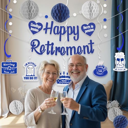 Image of Navy Blue Retirement Party Decorations, Pre-Strung Happy Retirements Banner with Honeycomb Balls, Hanging Swirls, Circle Dots Garland for Happy Retirement Decorations 21pcs