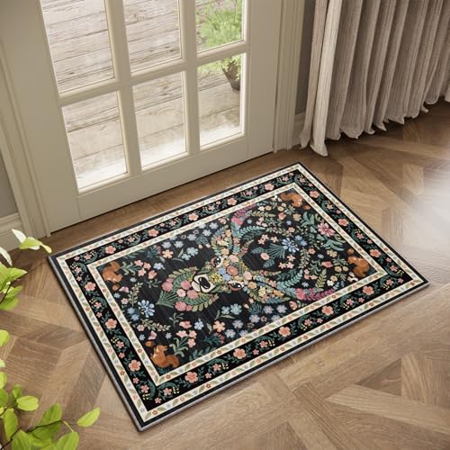 Image of Non-Slip Washable Entry Rug Vintage Floral Deer Pattern 2x3 - Bohemian Forest Animal Carpet with Squirrel & Butterfly, Soft Decorative Area Rug for Living Room Bedroom Home Decor