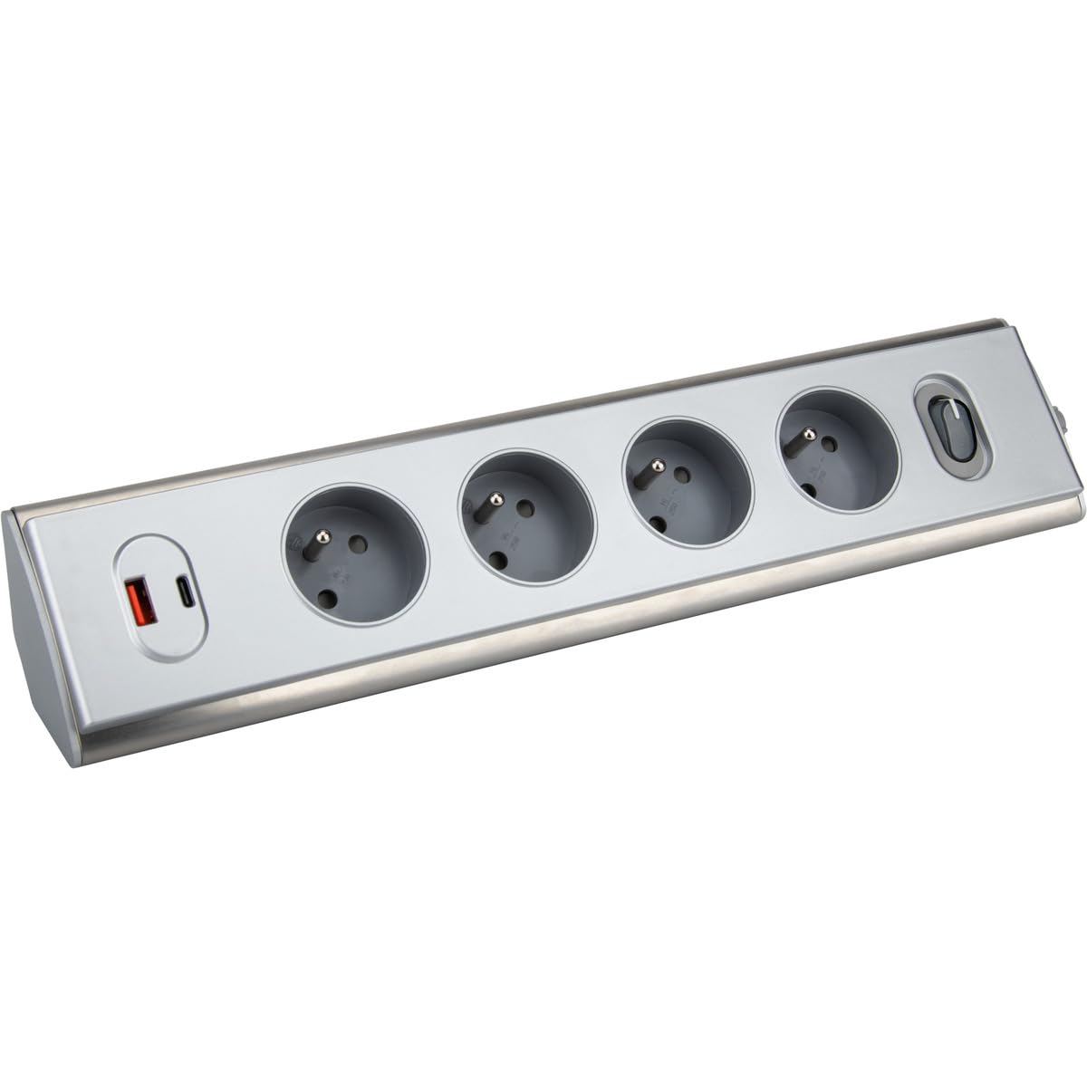 Otio - Bloc multiprise d'angle 4x16A + 2 USB A + C 20W + Interrupteur - INOX