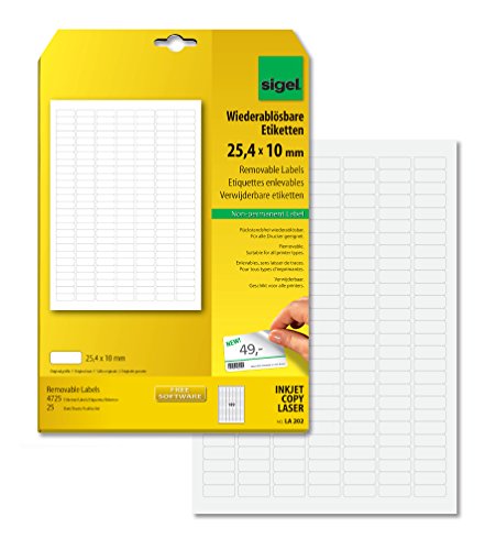LA202 Ablösbare Etiketten weiß, mini, 25,4 x 10 mm, 4725 Etiketten = 25 Blatt, abgerundet