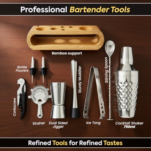 Image of O' Holic by Perch Cocktail Shaker Gift Set|10-Piece Stainless Steel Bartender Kit with Mango Wooden Stand|Accessories for Home Bar|Gift Box for Winters, Birthday, Wedding,Anniversary,Christmas |Silver