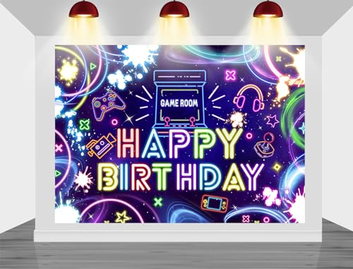 Mocsicka Game Theme Birthday Backdrop Neon Glow Game Night Happy Birthday Party Decoration Acrade Video Game on Photography Background Phoot Booth Supplies (Neon, 8x6ft(96''x72''))