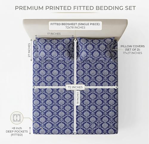 Image of VAS COLLECTIONS 180 TC Cotton Fitted Bedsheet Double Bed (72x78+8 Inches) with 2 Pillow Covers - Soft Breathable Skin Friendly Jaipuri Printed Elastic Fitted Bed Sheet, Indigo & Frost