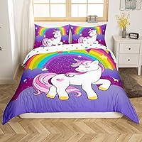 Girls Unicorn Duvet Cover Twin Bedding Set - Cute Rainbow Print Comforter Cover, Kids Cartoon Kawaii Quilt Cover, Galaxy Stars Fantasy Room Decor, Reversible Purple