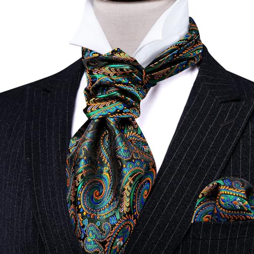 Image of Barry.Wang Ascot Ties Cravat Tie Men Paisley Plaid Scarf Self Tie Pocket Square Cufflinks Set Wedding Party