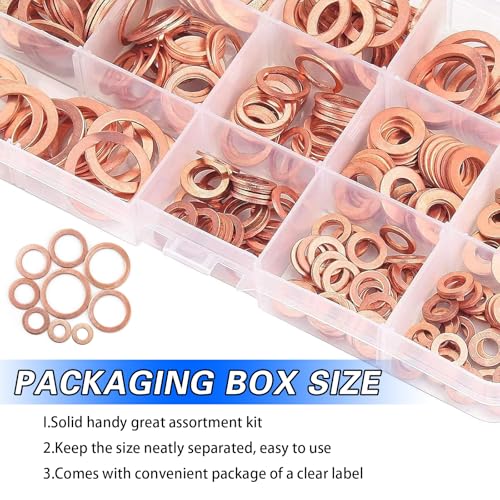 Image of 200 PCS Car Copper Flat Crush Washer Gasket Sets, M5 M6 M8 M10 M12 M14 Multi-Specification Oil Drain Plug Crush Washer, Tight Fit Leak-Proof Seals with Storage Box, Universal for Most Cars (Gold)