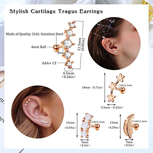 Loyallook 14Pcs 16G Stainless Steel Barbell Helix Cartilage Stud Earrings For Women Men Cz Leaf Flower Teardrop Opal Forward Helix Tragus Daith Conch Piercing Jewelry #TOP3