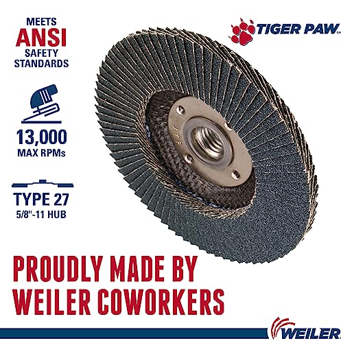 Image of Weiler 51114 4-1 /2 inch Tiger Paw Abrasive Flap Disc, Flat (Ty27), Phenolic Backing, 60Z, 5 /8 inch-11 Unc Nut (Pack of 10)