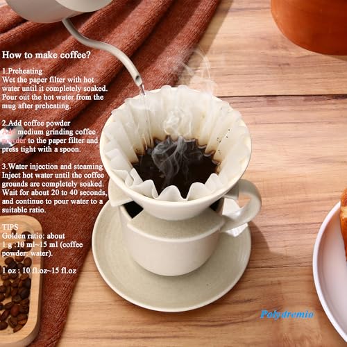 Image of Pour Over Coffee Maker, with 50 PCS Basket Coffee Filters, 310 ml /10 oz Mug with Saucer & Coffee Dripper, Ceramic, Off-white