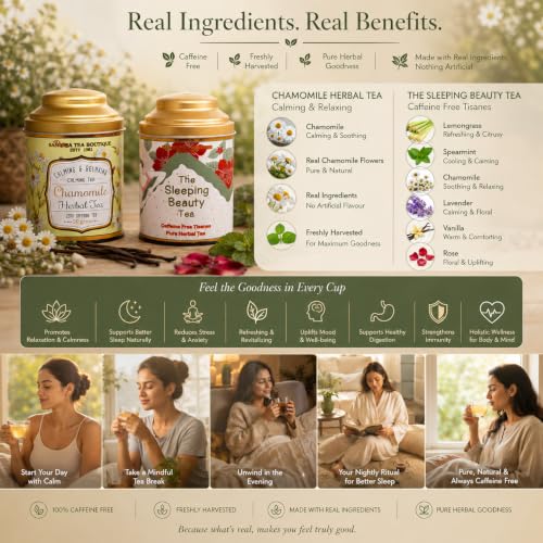 Image of Sancha Tea Boutique, Tea Combo Pack: Chamomile Herbal (50g) & Sleeping Beauty (30g), Caffeine Free Tisane, Best Sleep /Bedtime Teas