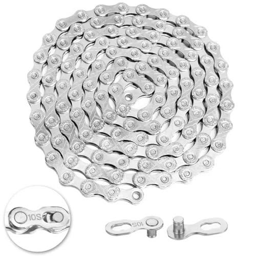 10 Speed Bike Chain,VDHU Bicycle Chain for Road Bicycles,Mountain Bike,MTB Mountain Racing Cycling Accessories with 1 Pairs Bicycle Buckle,Full Silver Plating 116 Links with Quick Link