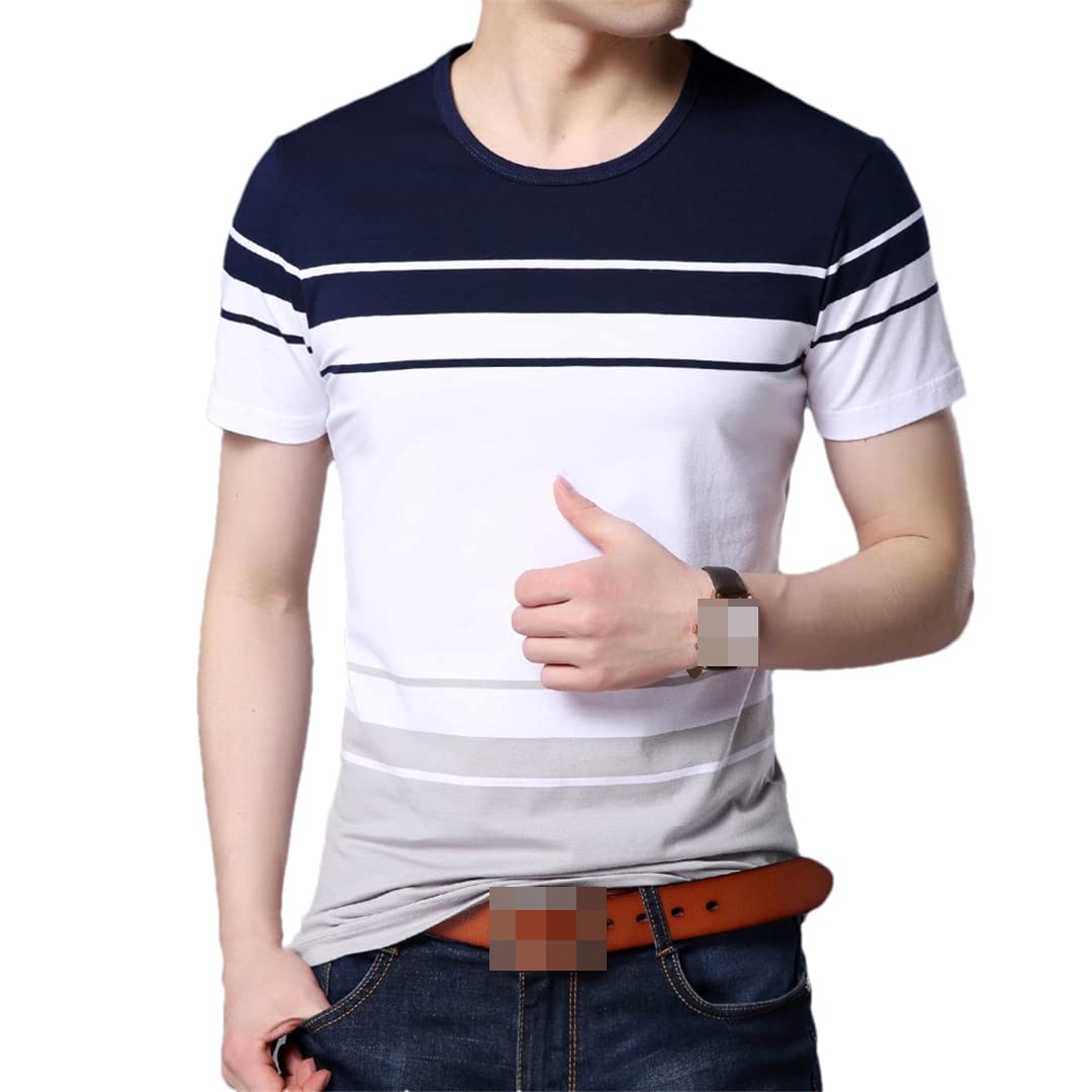 Maglietta estiva a maniche corte da uomo con scollo rotondo T-shirt elastica a righe, blu navy, XL