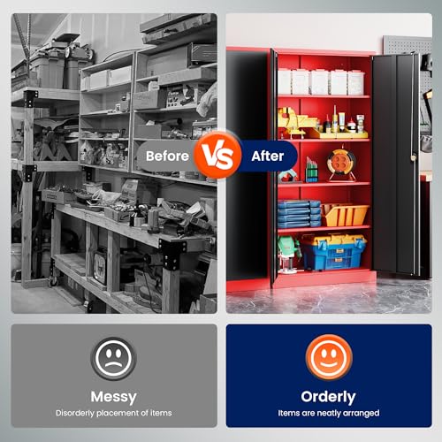 Image of Yizosh Metal Garage Storage Cabinet with Lock Doors and 4 Shelves,-72 inch Steel Heavy Duty Tool Cabinet for Garage, Office,School (Red Black)