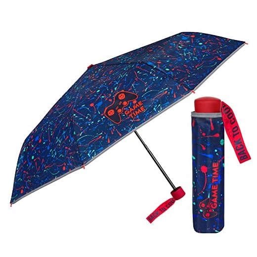 PERLETTI Paraguas Plegable Niño Gaming - Paraguas Niños Azul Rojo Pequeño con Detalles Reflectantes - Mini Paraguas Infantil con Apertura Manual Antiviento +7 Años - Diámetro 91 cm (Videojuegos)